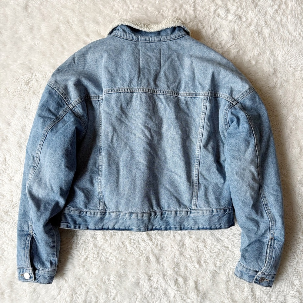 Garage Woman Blue Denim Sherpa Aviator Crop Jean Jacket MEDIUM Boho Country Folk - Picture 5 of 9